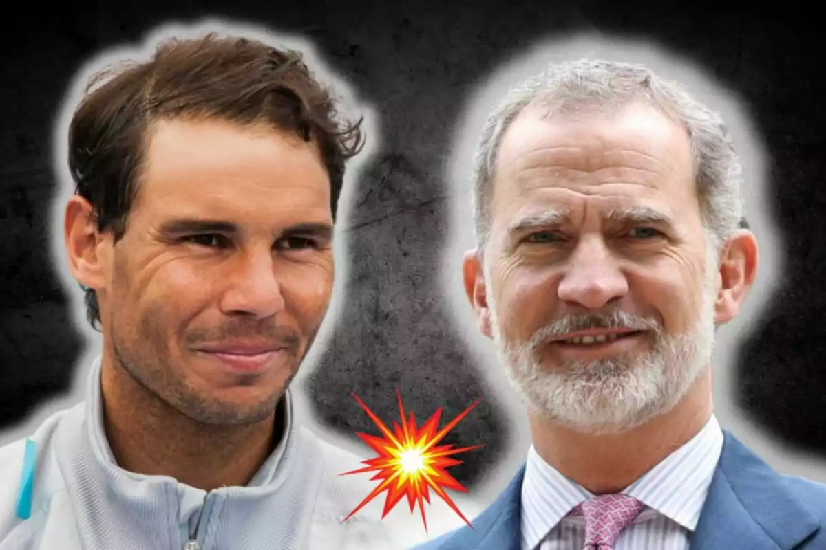 Rafa Nadal and Felipe VI, smiling, appear next to each other against a dark background with a white glow effect and a graphic explosion between them.