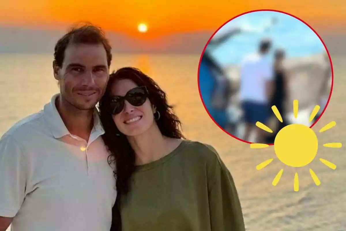 Rafa Nadal y Xisca Perelló sonriente posa frente a un atardecer en la playa, con un círculo insertado que muestra una imagen borrosa de dos personas y un dibujo de un sol amarillo.