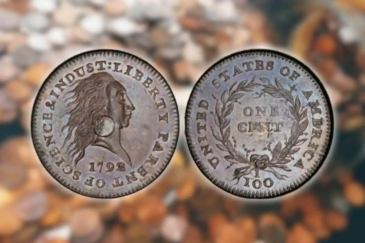 Moneda antigua de un centavo de 1792 con diseño de perfil femenino y texto en inglés. Moneda antigua de un centavo de 1792 con diseño de perfil femenino y texto en inglés.
