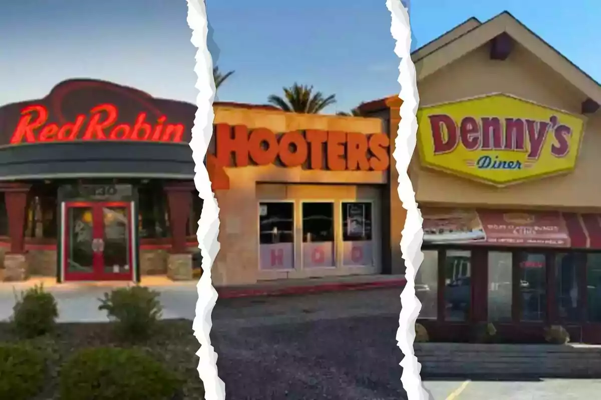 Fachadas de los restaurantes Red Robin, Hooters y Denny's divididas por líneas blancas irregulares Fachadas de los restaurantes Red Robin, Hooters y Denny's divididas por líneas blancas irregulares