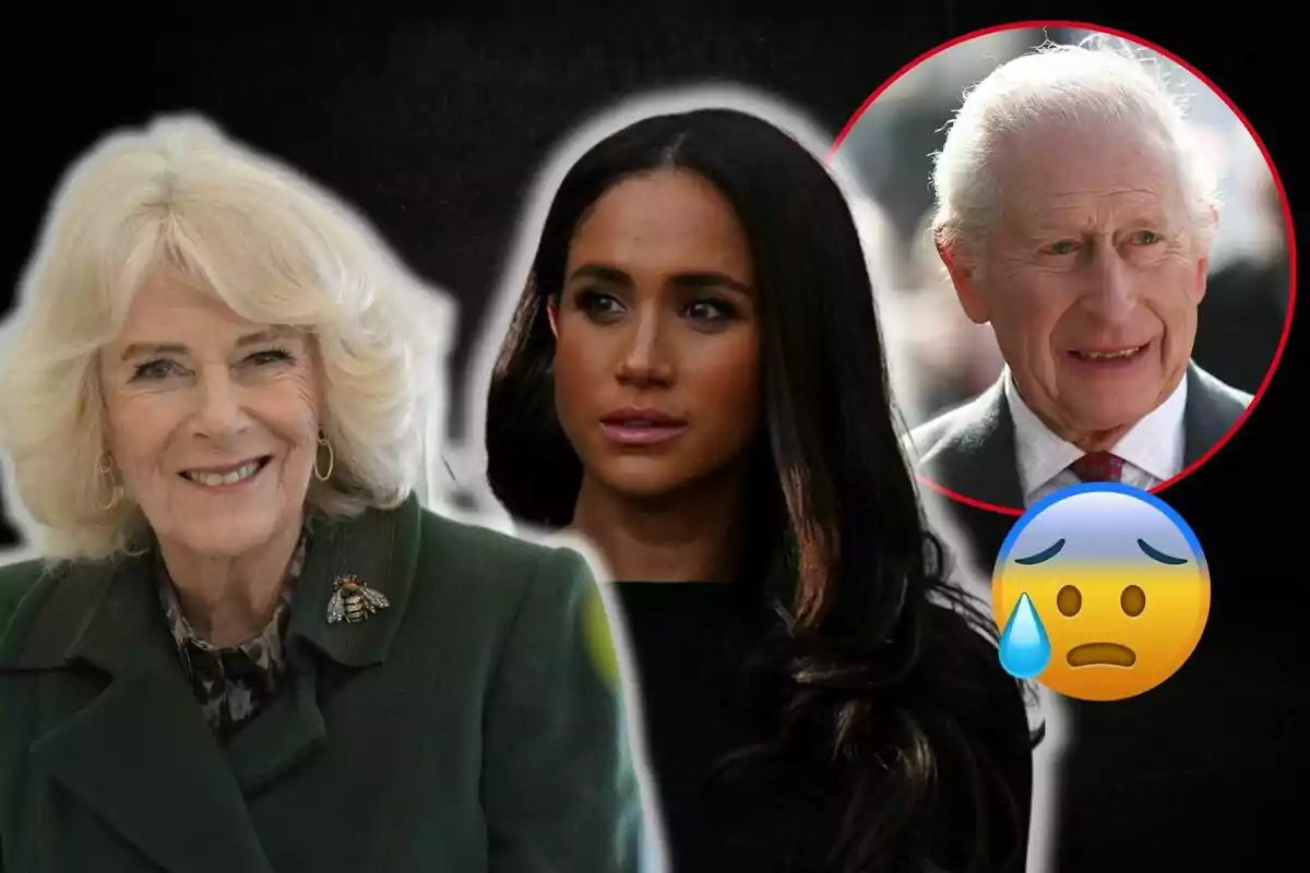 Queen Camilla, Meghan Markle, and Charles III appear in the image, two women in the foreground and a man in a red circle in the upper right corner, next to a worried face emoji.