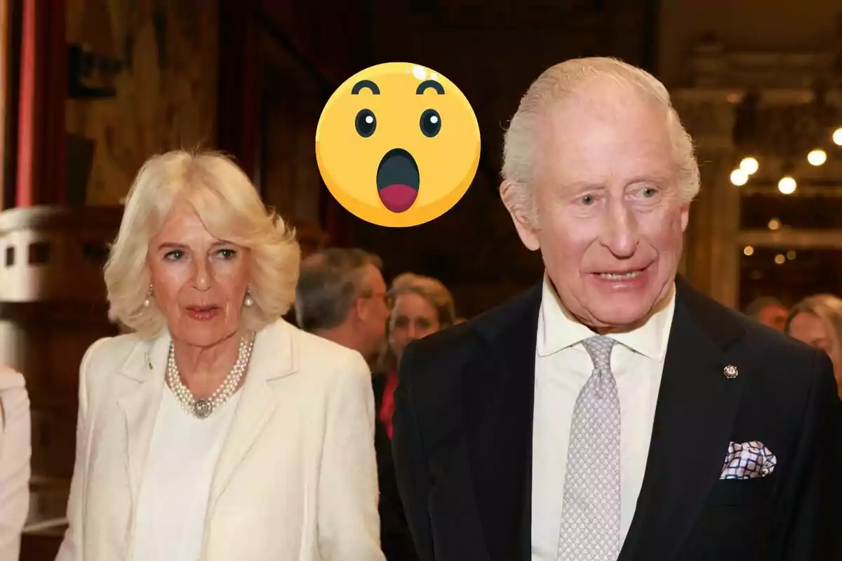 Queen Camila and Charles III dressed elegantly at an event with a surprised emoji over them.