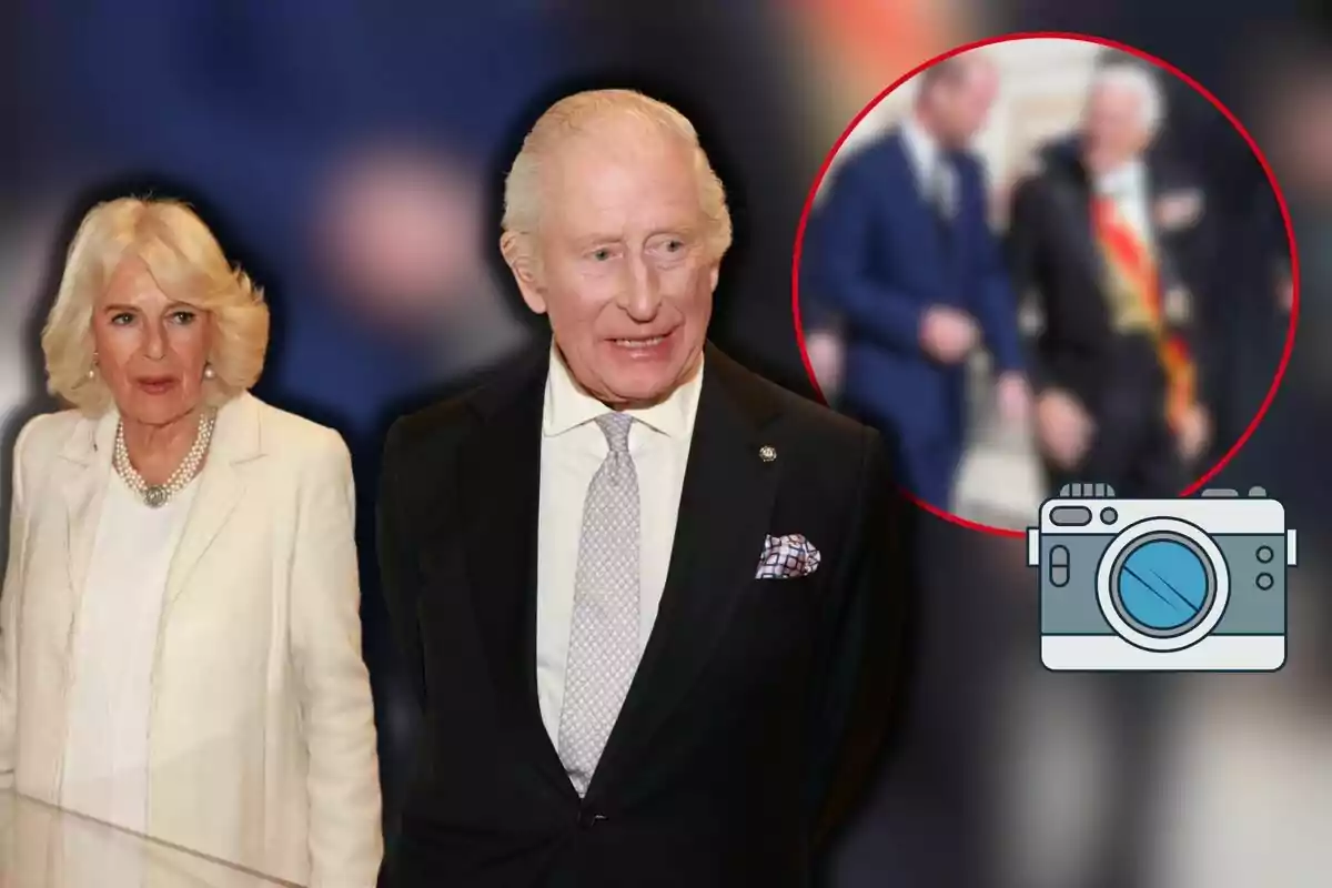 Queen Camilla and Charles III formally dressed with a blurred background and a red circle highlighting a blurry image of two people.