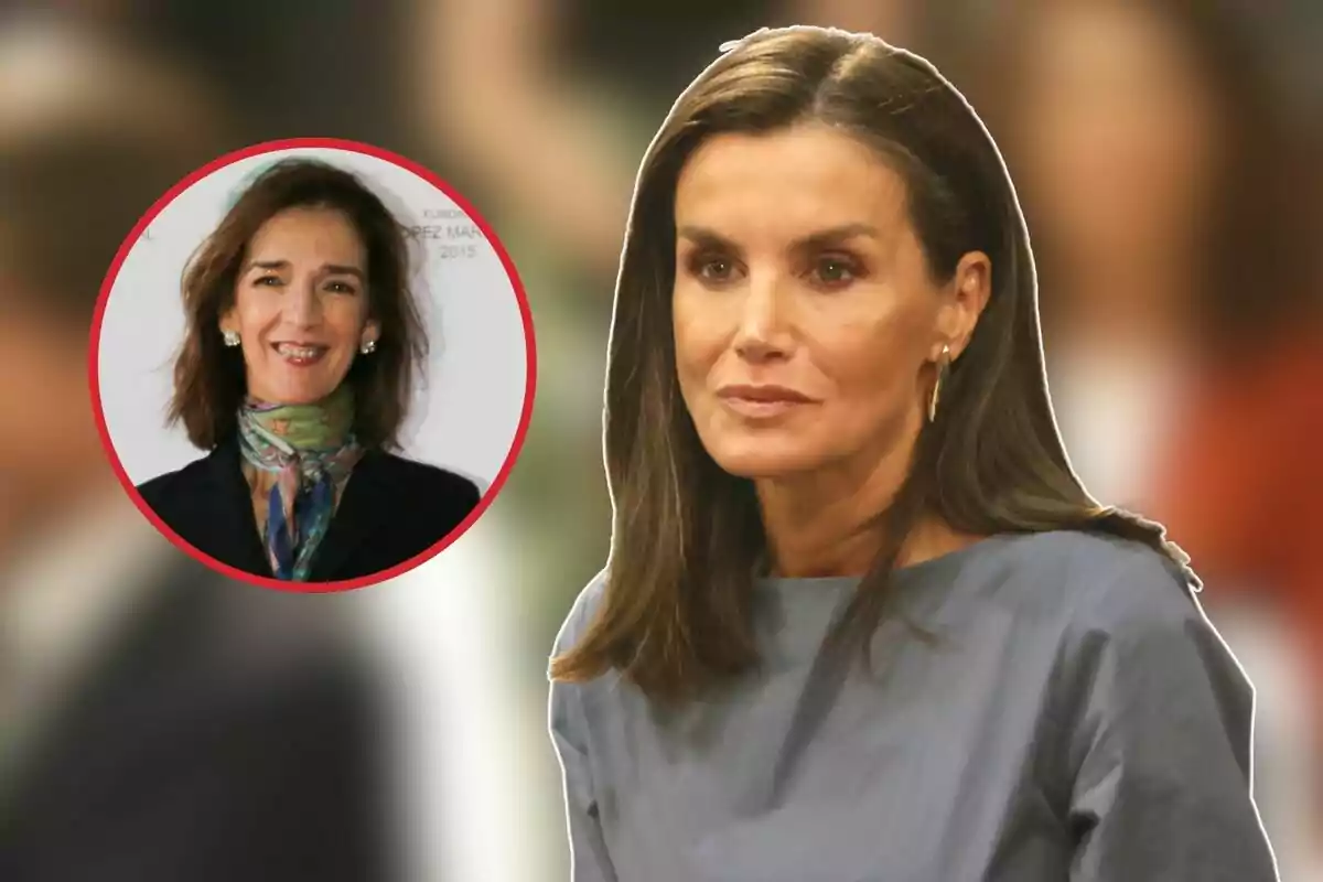 Reina Letizia en primer plano con expresión seria y Paloma García Pelayo en un recuadro circular con fondo blanco.