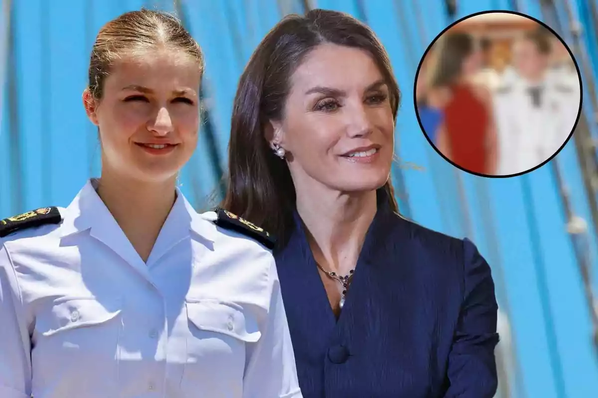 Queen Letizia and Princess Leonor smile outdoors, one wearing a white uniform and the other a dark blue dress, with a blue background and a circle showing a blurred image.