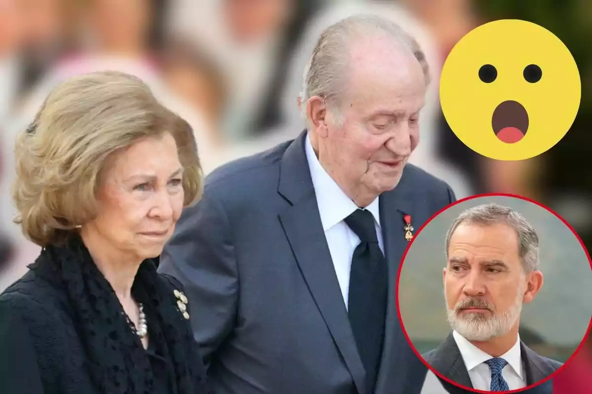 La reina Sofía y Juan Carlos I camina juntas mientras un emoji sorprendido y Felipe VI con barba aparecen en un círculo en la esquina.