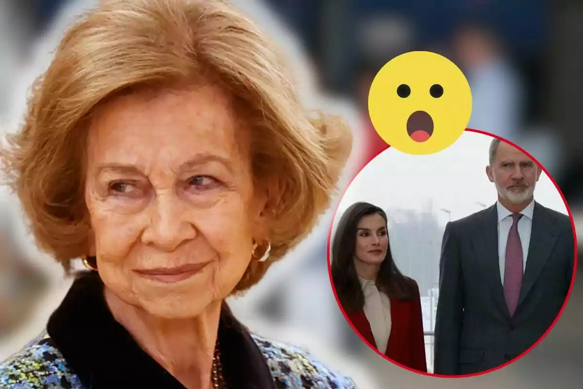 La reina Sofía con expresión pensativa y un círculo con la reina Letizia y Felipe VI en el fondo.