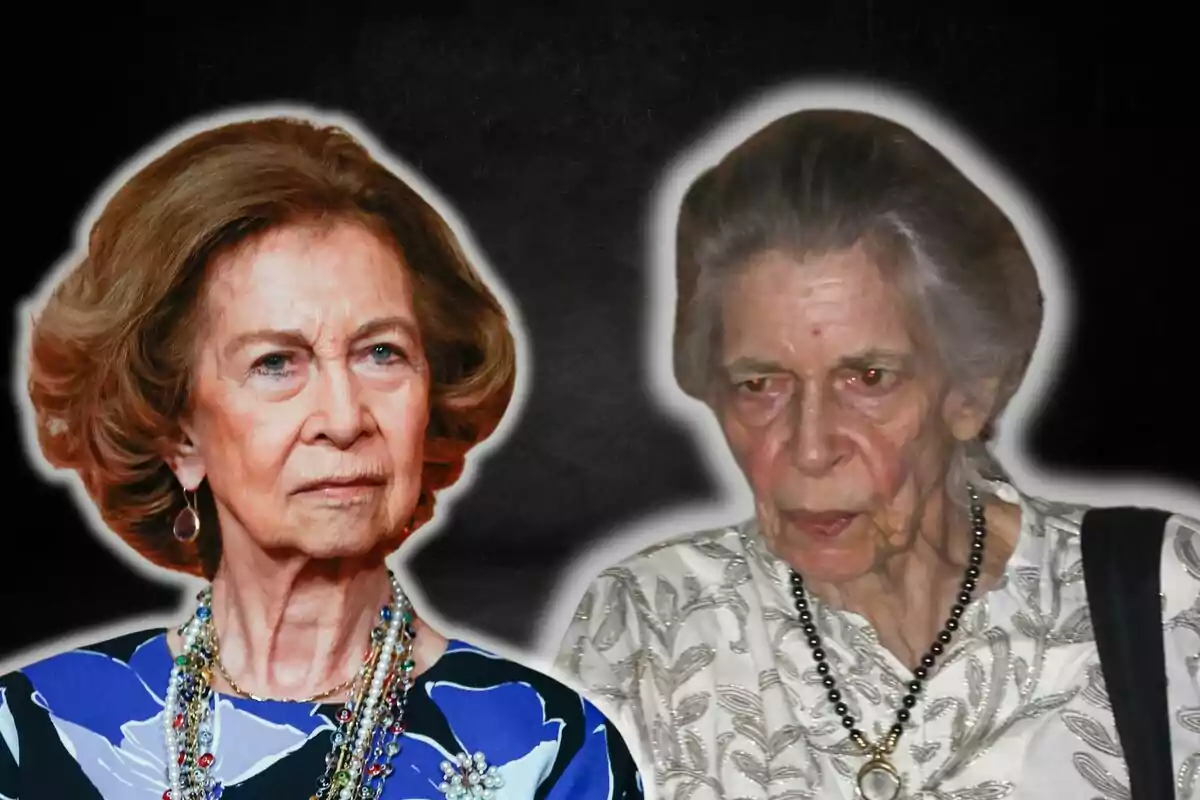 Queen Sofía and Irene of Greece with serious expressions, one wearing a blue dress with necklaces and the other a light outfit with a black necklace, against a dark background.