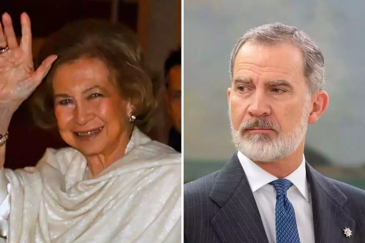 Montage of Queen Sofia smiling waving dressed in white and Felipe VI serious looking to the side in black suit and blue tie Montage of Queen Sofia smiling waving dressed in white and Felipe VI serious looking to the side in black suit and blue tie