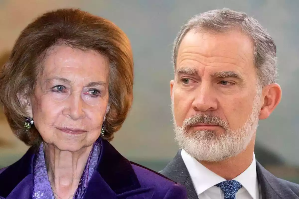 Montaje en primer plano de la reina Sofía seria en un traje morado y Felipe VI serio mirando a un lado en traje gris y camisa blanca