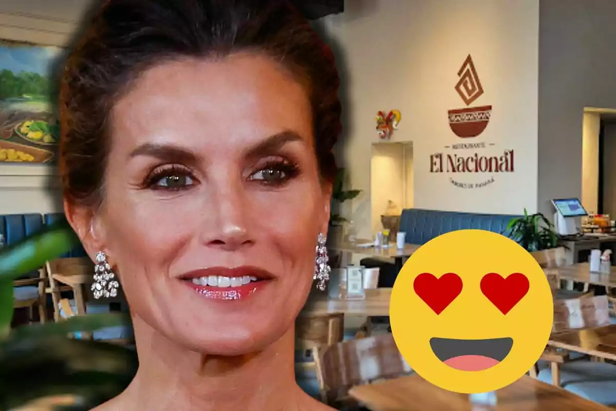 La reina Letizia con pendientes brillantes está en primer plano, mientras que al fondo se ve un restaurante llamado El Nacional con un emoji de ojos de corazón superpuesto.