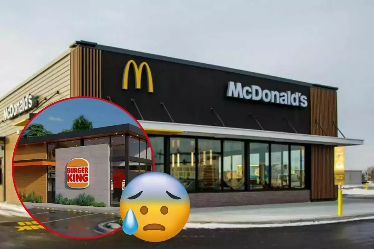 A McDonald's restaurant with a circle showing a Burger King and a worried face emoji with a sweat drop.