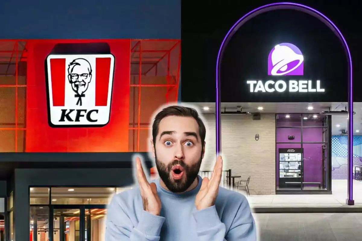 A man surprised in front of the KFC and Taco Bell signs.