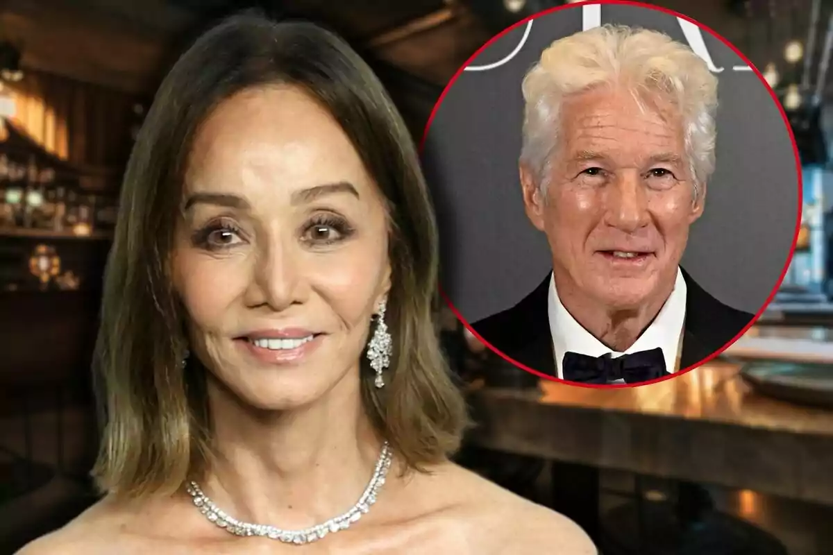 Isabel Preysler con joyas elegantes en un entorno de restaurante, con Richard Gere en un recuadro circular en la esquina superior derecha.