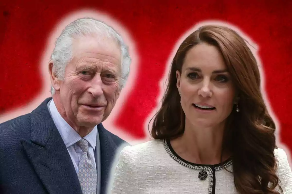 Charles III and Kate Middleton posing in front of a red background. Charles III and Kate Middleton posing in front of a red background.