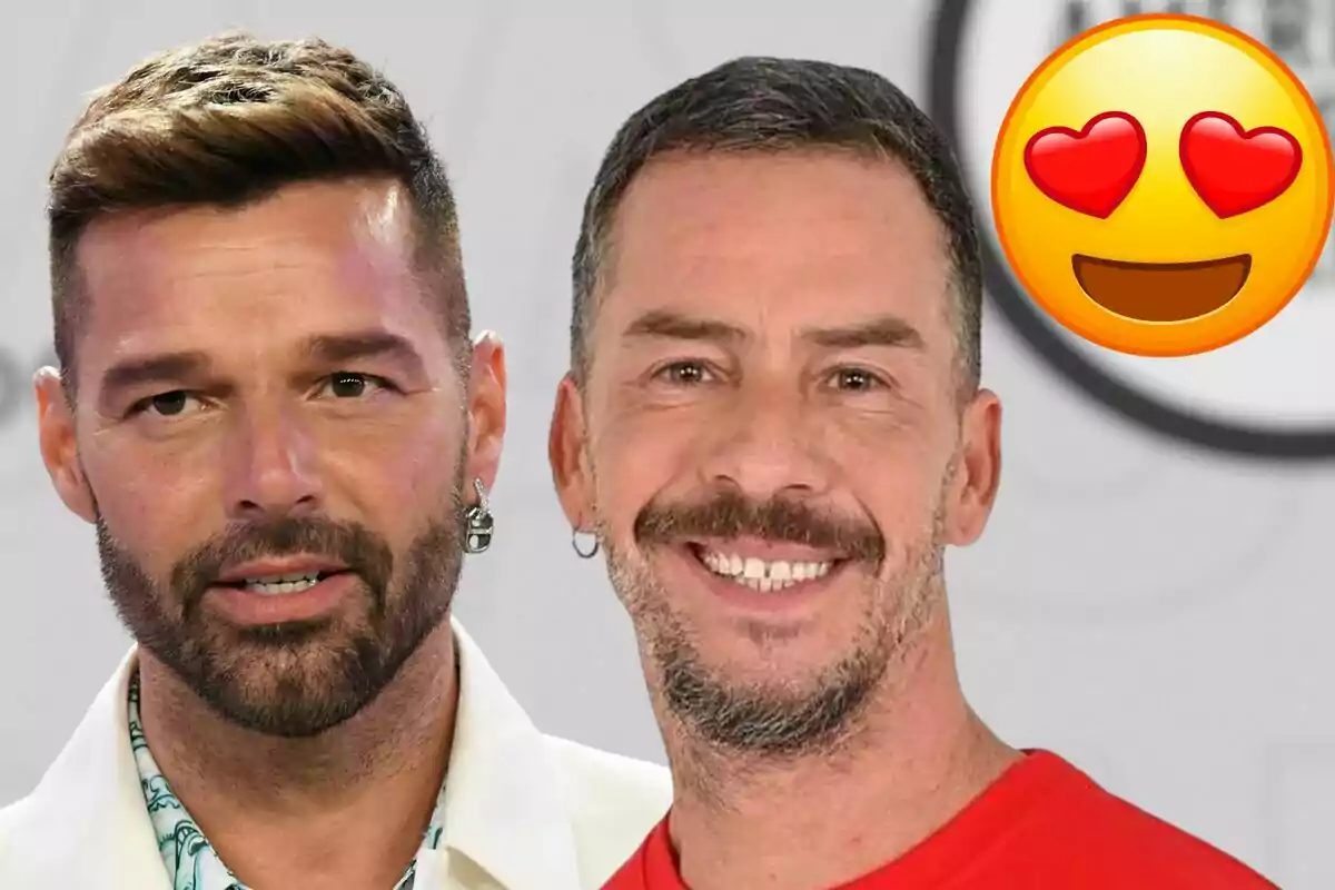 Ricky Martin y Nacho Palau sonrientes con un emoji de ojos de corazón en la esquina superior derecha.