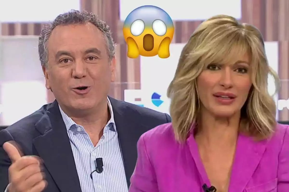 Roberto Brasero and Susanna Griso on a television set with a surprised emoji floating between them.