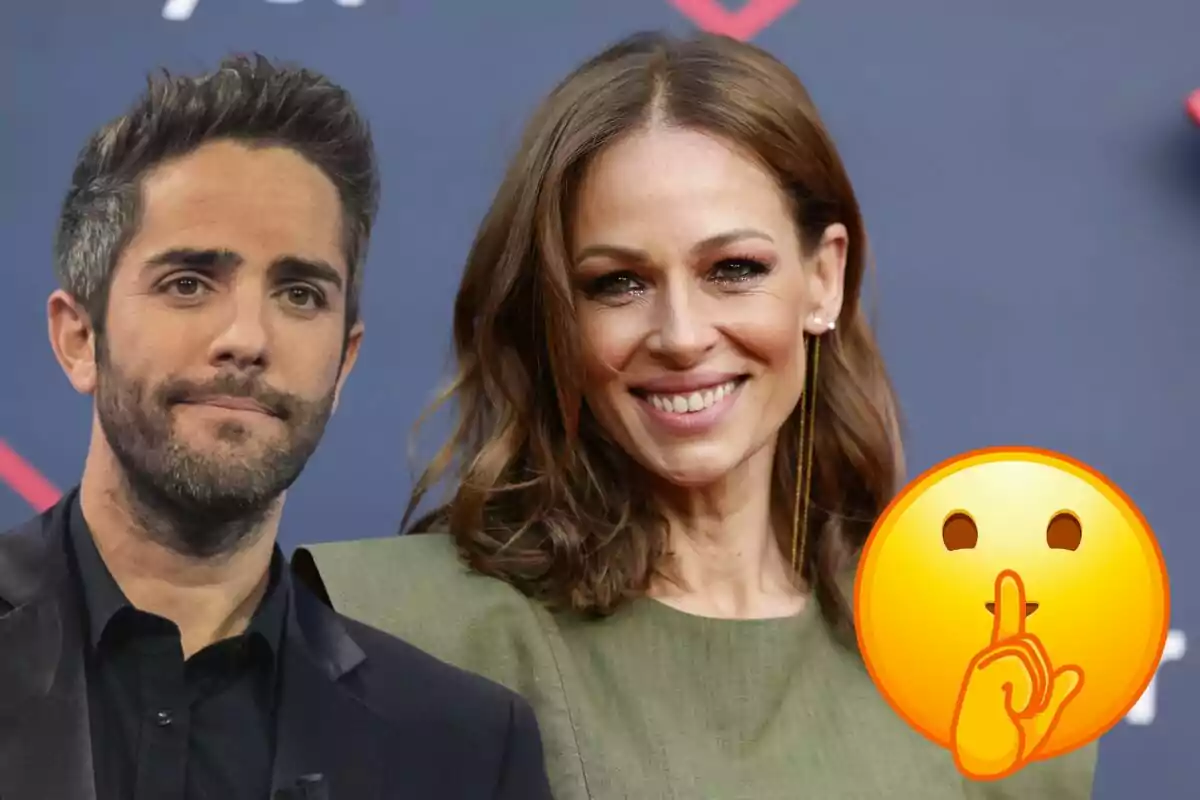 Roberto Leal y Eva González posando para una foto con un emoji de silencio sobre la imagen.