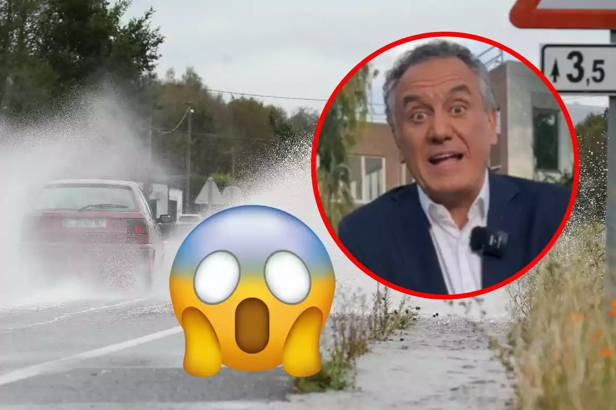 A red car splashing water on the road with a surprised emoji and a man in a red circle in the upper right corner.