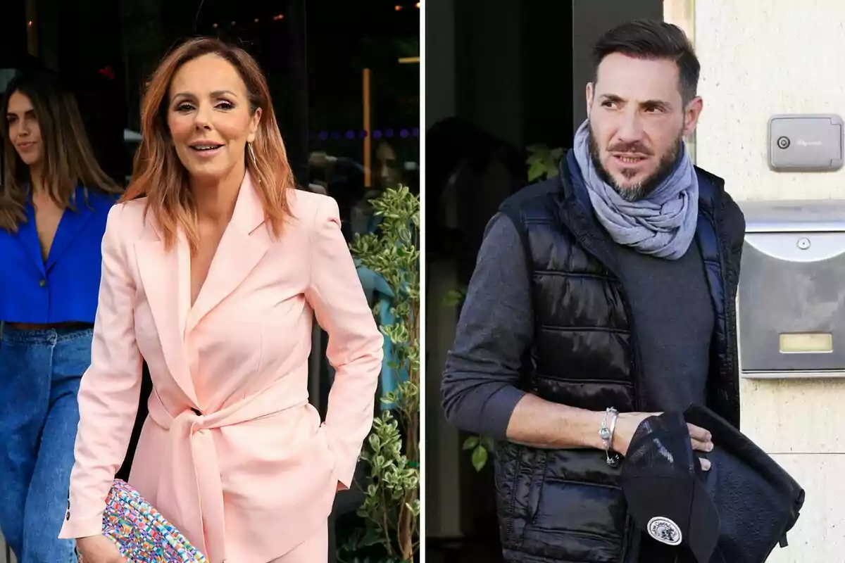 Rocío Carrasco con traje rosa y una cartera colorida está de pie junto a una planta, mientras que Antonio David Flores con bufanda gris y chaleco negro está afuera de un edificio. Rocío Carrasco con traje rosa y una cartera colorida está de pie junto a una planta, mientras que Antonio David Flores con bufanda gris y chaleco negro está afuera de un edificio.