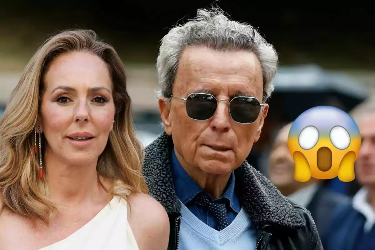 Rocío Carrasco y José Ortega Cano con gafas de sol posan juntos al aire libre, con un emoji de cara sorprendida en la esquina derecha.