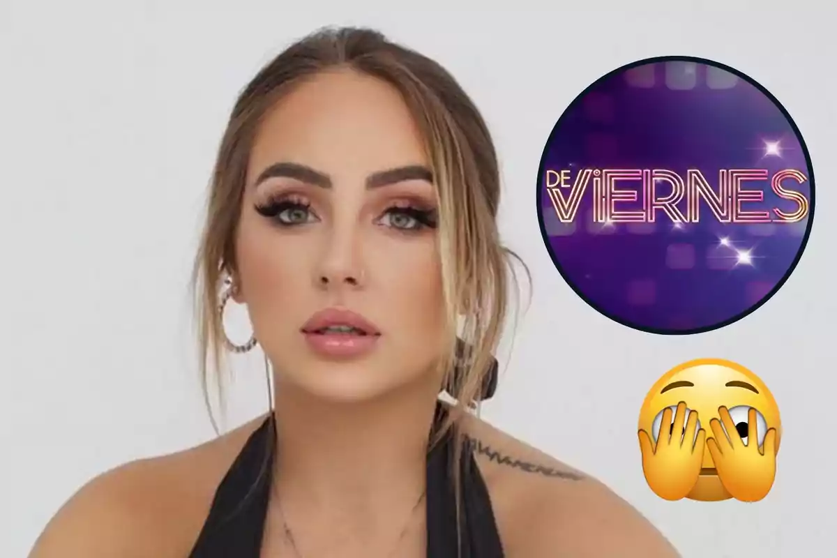 Montaje de Rocío Flores, maquillada y con moño, junto al logo del programa "De Viernes" y un emoji tapándose la cara