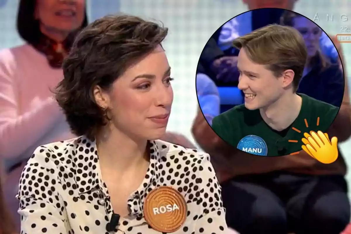 A woman with short curly hair wears a polka dot blouse and a name badge that says "Rosa" while smiling; in a circular frame, a young man with light hair and a name badge that says "Manu" also smiles, with a clapping emoji next to him.