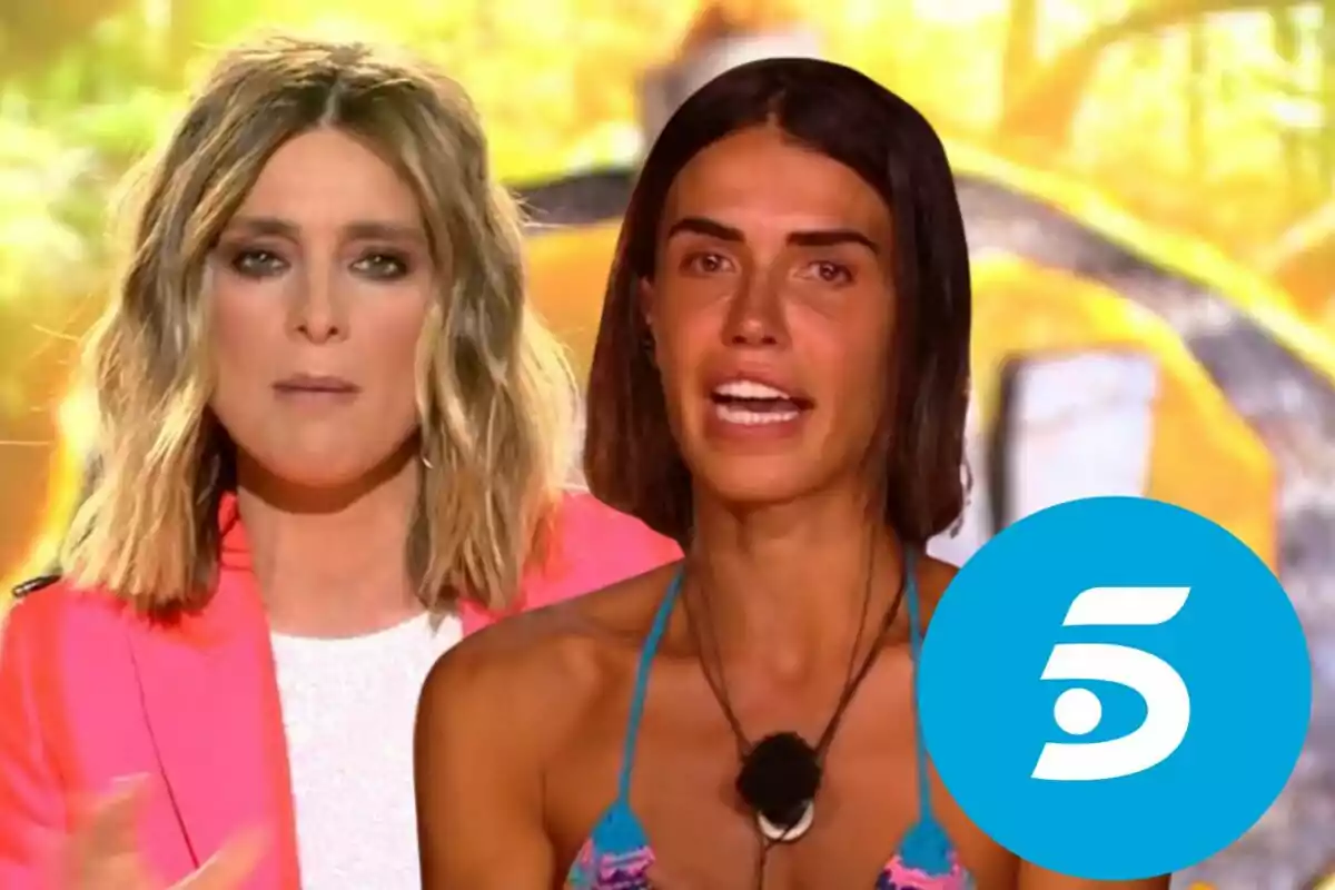 Sandra Barneda y Sofía Suescun en 'Supervivientes' con el logo de Telecinco.