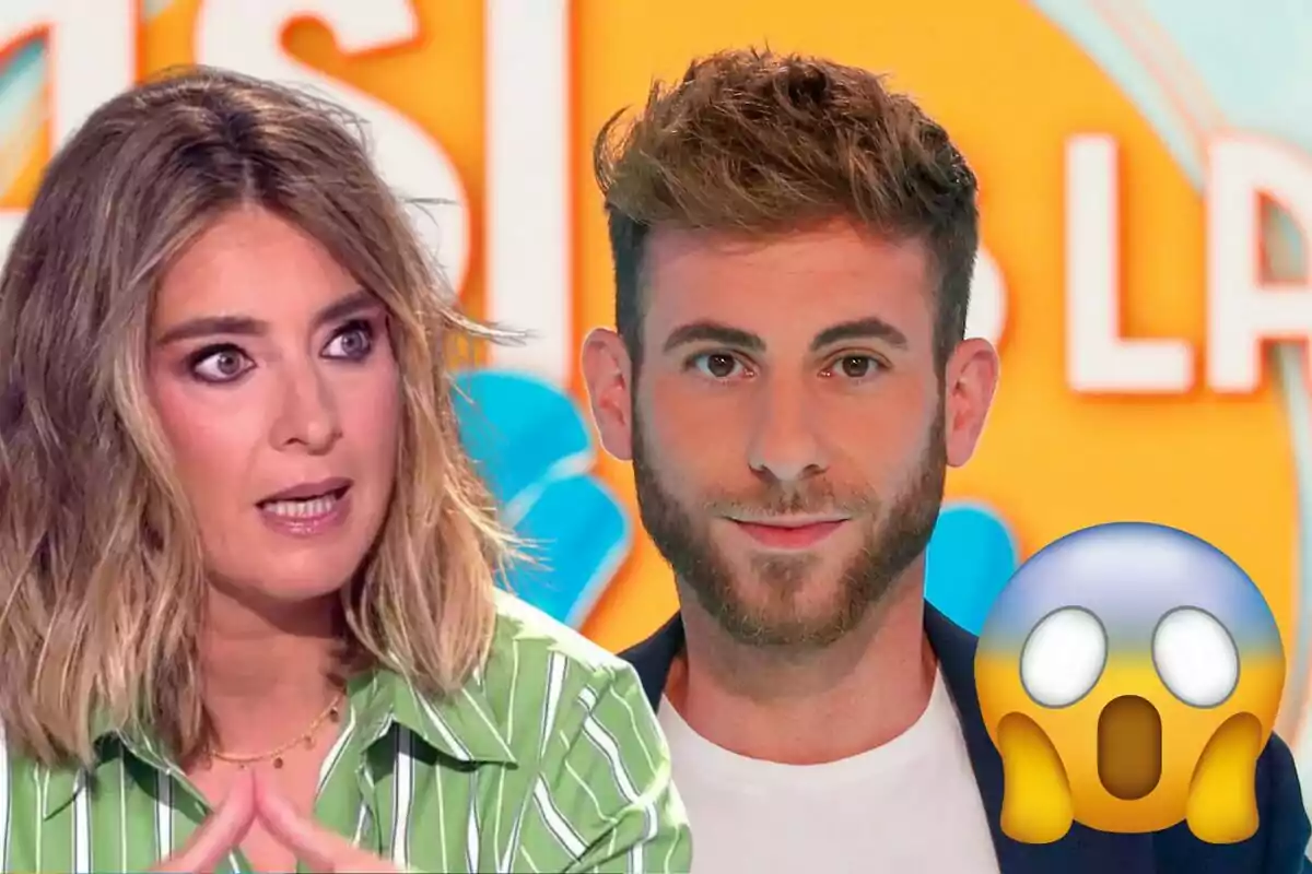 Sandra Barneda y César Muñoz aparecen en un programa de televisión con un emoji de sorpresa en la esquina inferior derecha.