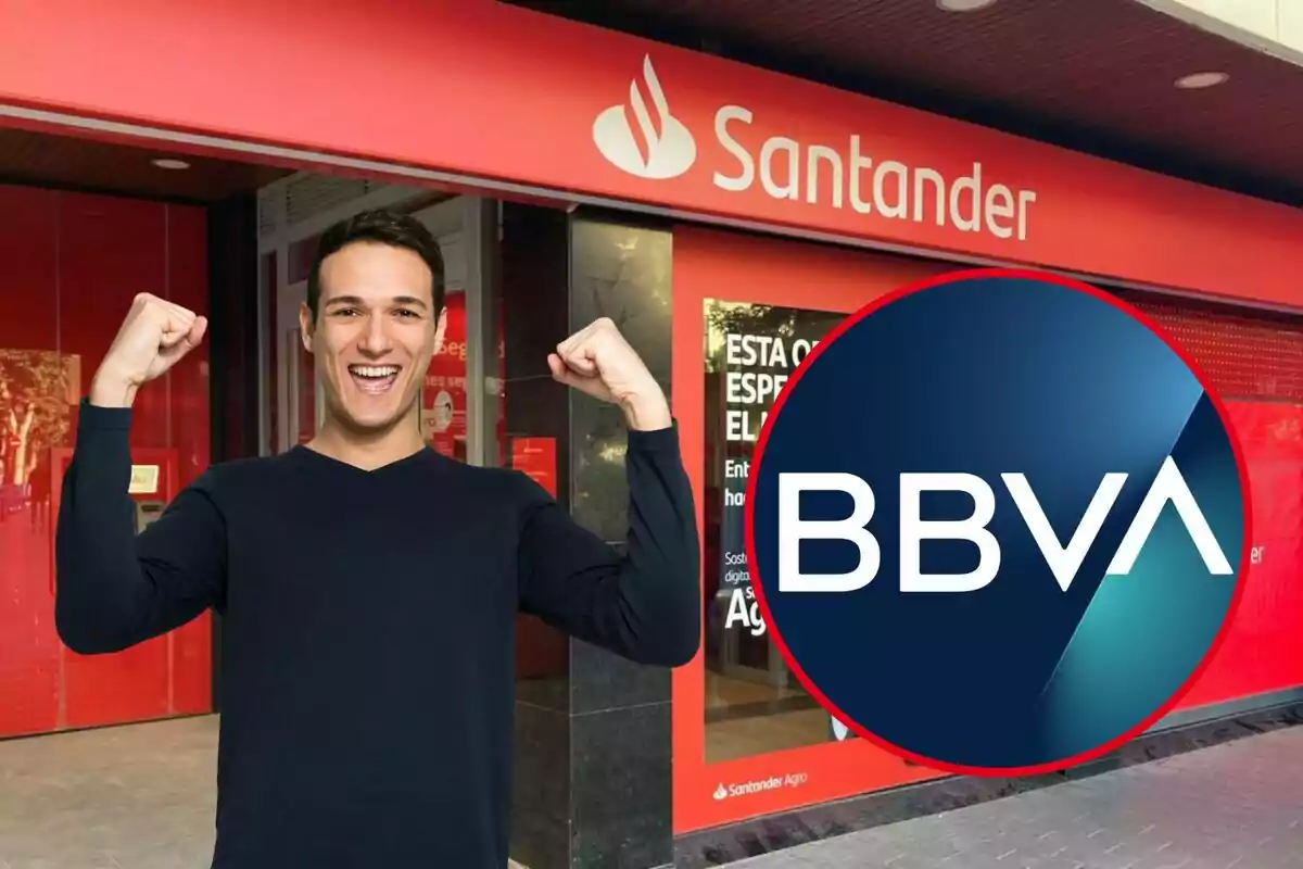 Un hombre sonriente con los puños levantados frente a una sucursal de Santander con un logo de BBVA superpuesto.