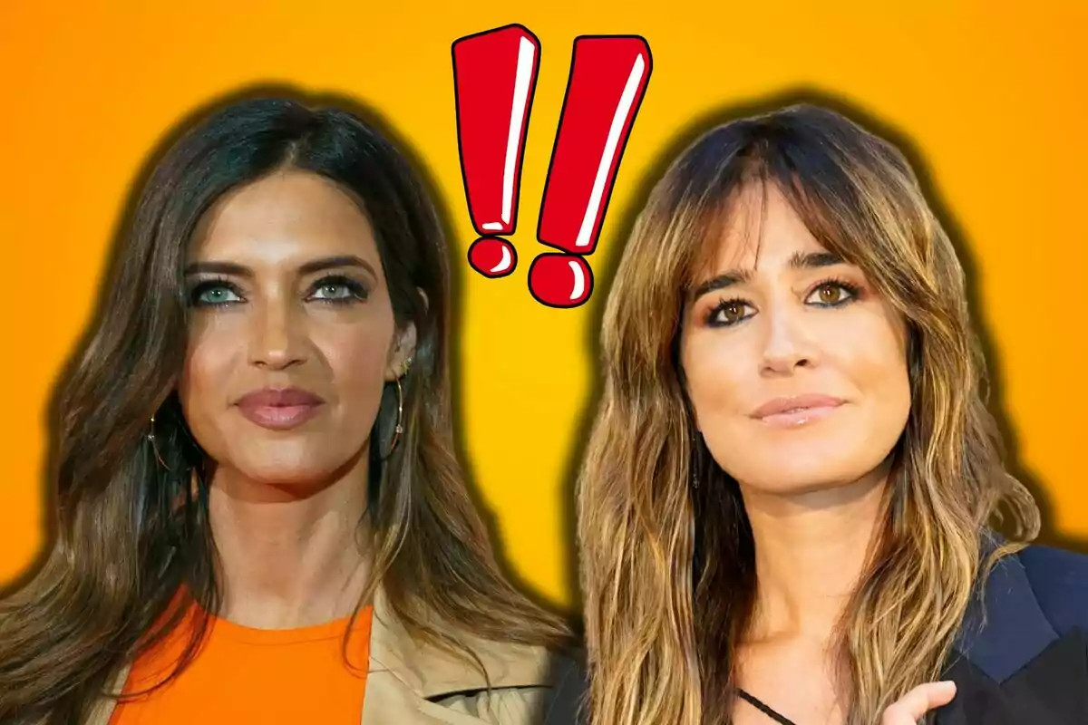 Sara Carbonero e Isabel Jiménez con cabello largo y suelto posan frente a un fondo naranja con signos de exclamación rojos en el centro.