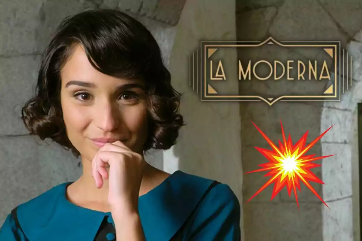 Sara Sanz con cabello corto y ondulado posa pensativa junto al logo de "La Moderna" y un gráfico de explosión en un fondo de piedra.