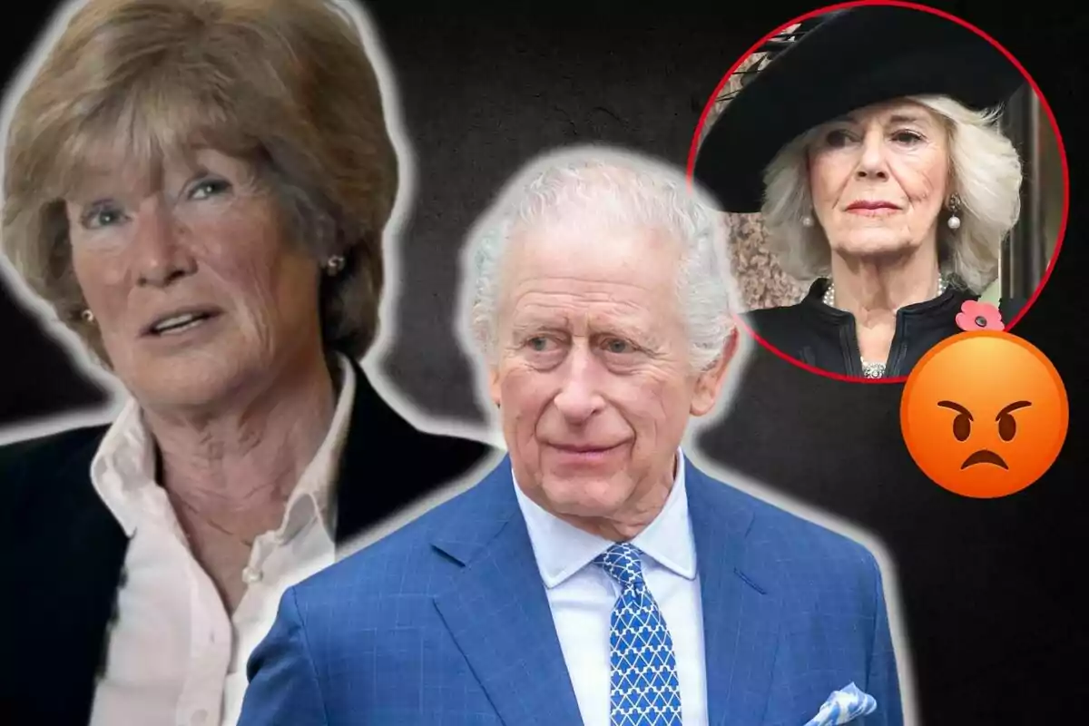 Sarah Mccorquodale, Charles III, and Queen Camilla appear in the image, one of them in a red circle with an angry emoji.