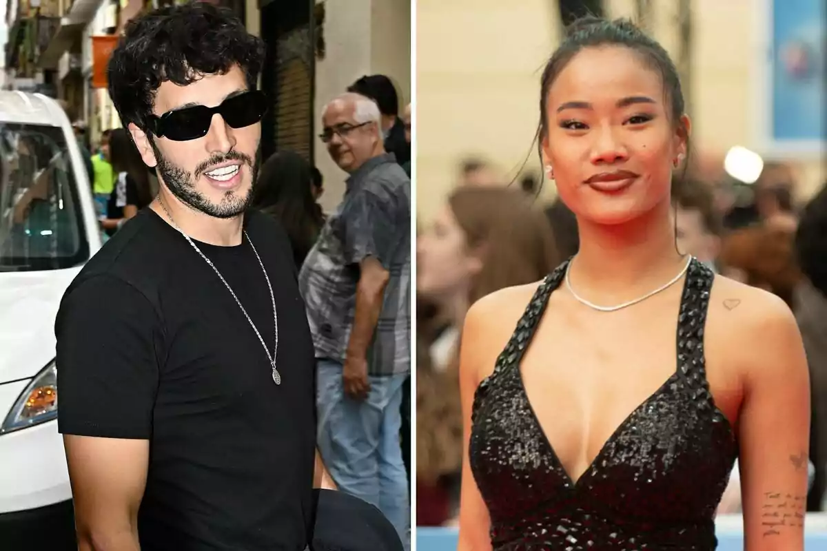 Sebastian Yatra y Nona Sobo posan en diferentes entornos, una en la calle con gafas de sol y camiseta negra, y otra en un evento con un vestido negro brillante. Sebastian Yatra y Nona Sobo posan en diferentes entornos, una en la calle con gafas de sol y camiseta negra, y otra en un evento con un vestido negro brillante.