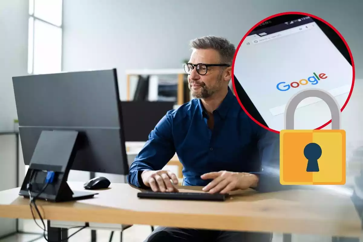 Un hombre trabaja con su ordenador, y en el círculo, un móvil con la pantalla de Google y un candado