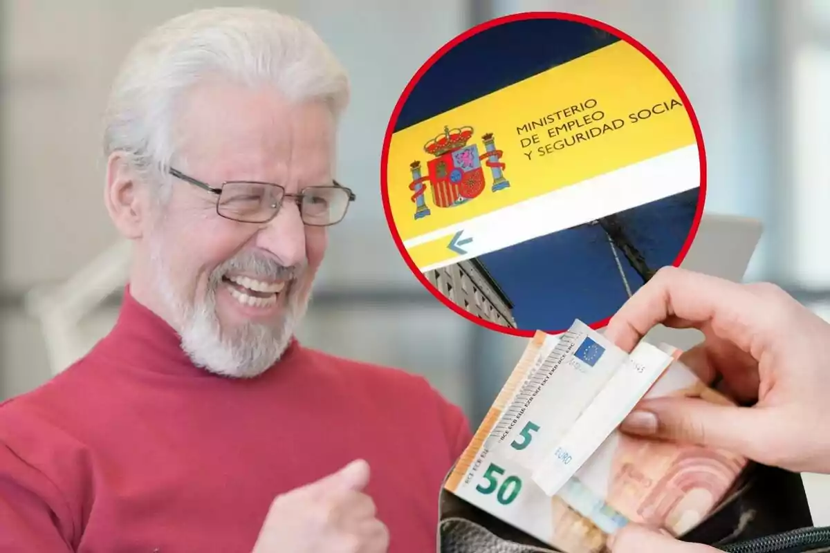 Un hombre mayor sonriente con gafas y barba blanca, una mano sosteniendo billetes de euro y un cartel del Ministerio de Empleo y Seguridad Social de España.