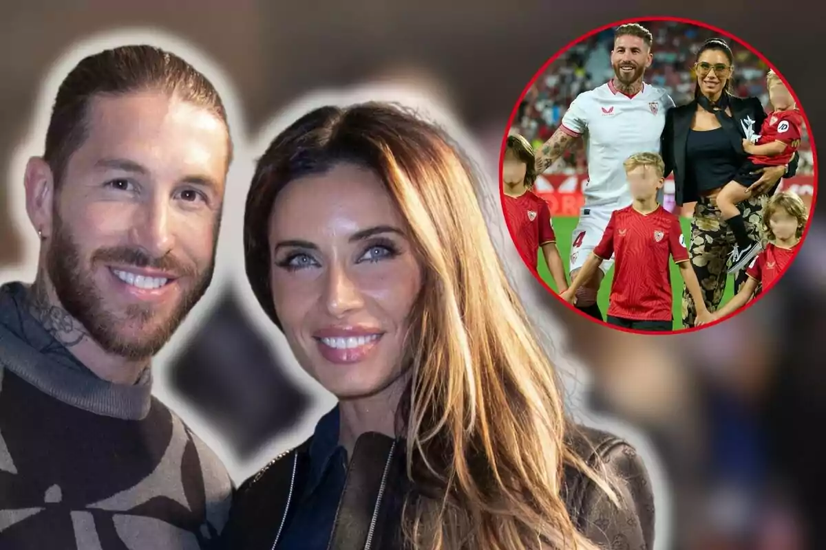 Sergio Ramos y Pilar Rubio sonriente posando para la cámara con una imagen insertada de una familia en un estadio de fútbol.