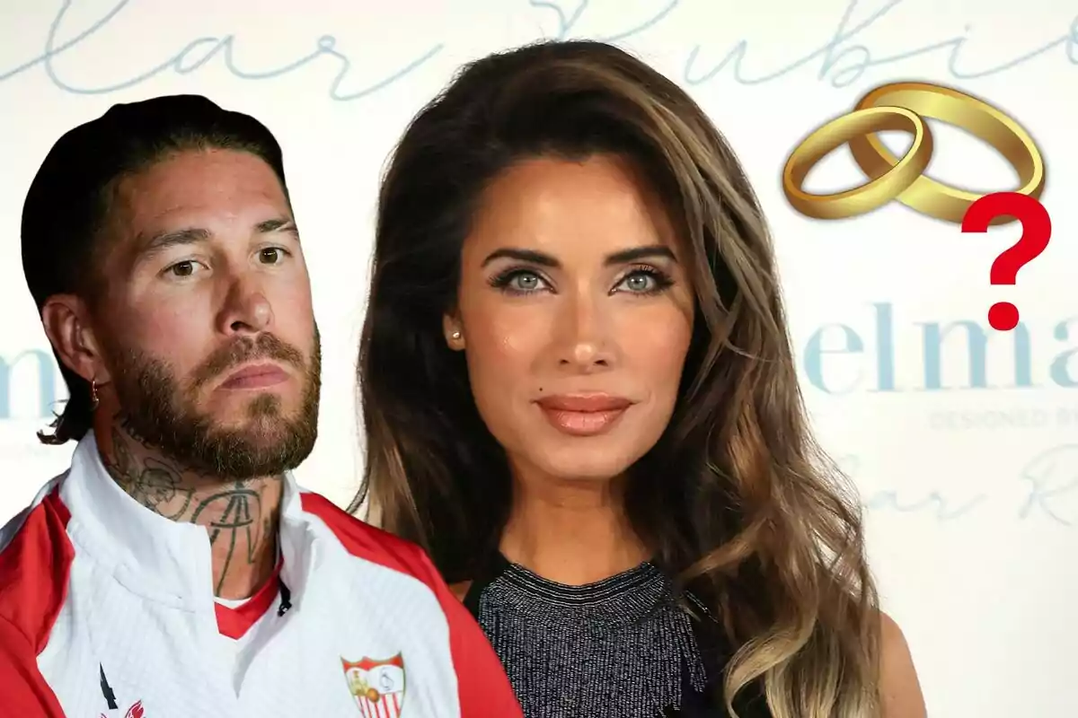 Sergio Ramos y Pilar Rubio posan juntas con un símbolo de anillos de matrimonio y un signo de interrogación.