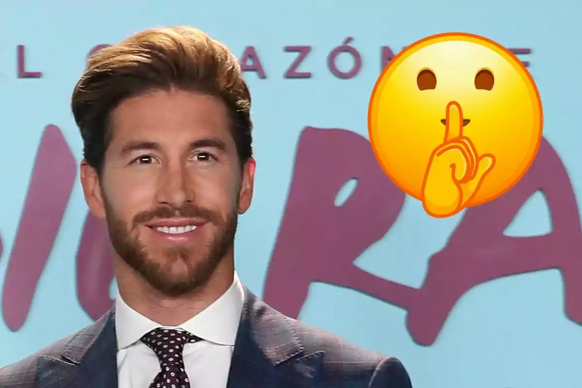 Sergio Ramos con barba y traje sonríe mientras un emoji de silencio aparece a su lado.