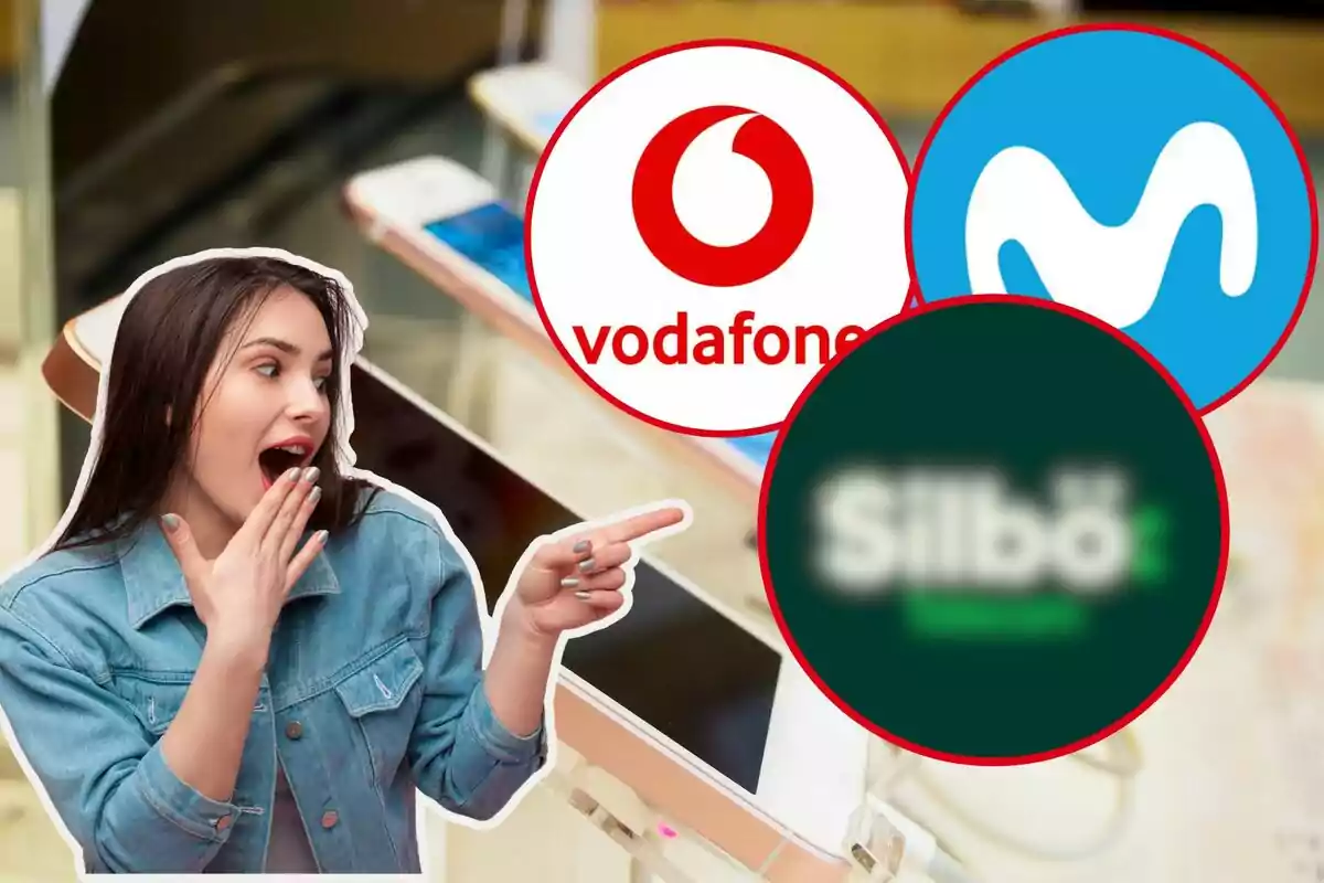 Una mujer sorprendida señala hacia los logotipos de Vodafone, Movistar y otro borroso, con teléfonos móviles en el fondo.