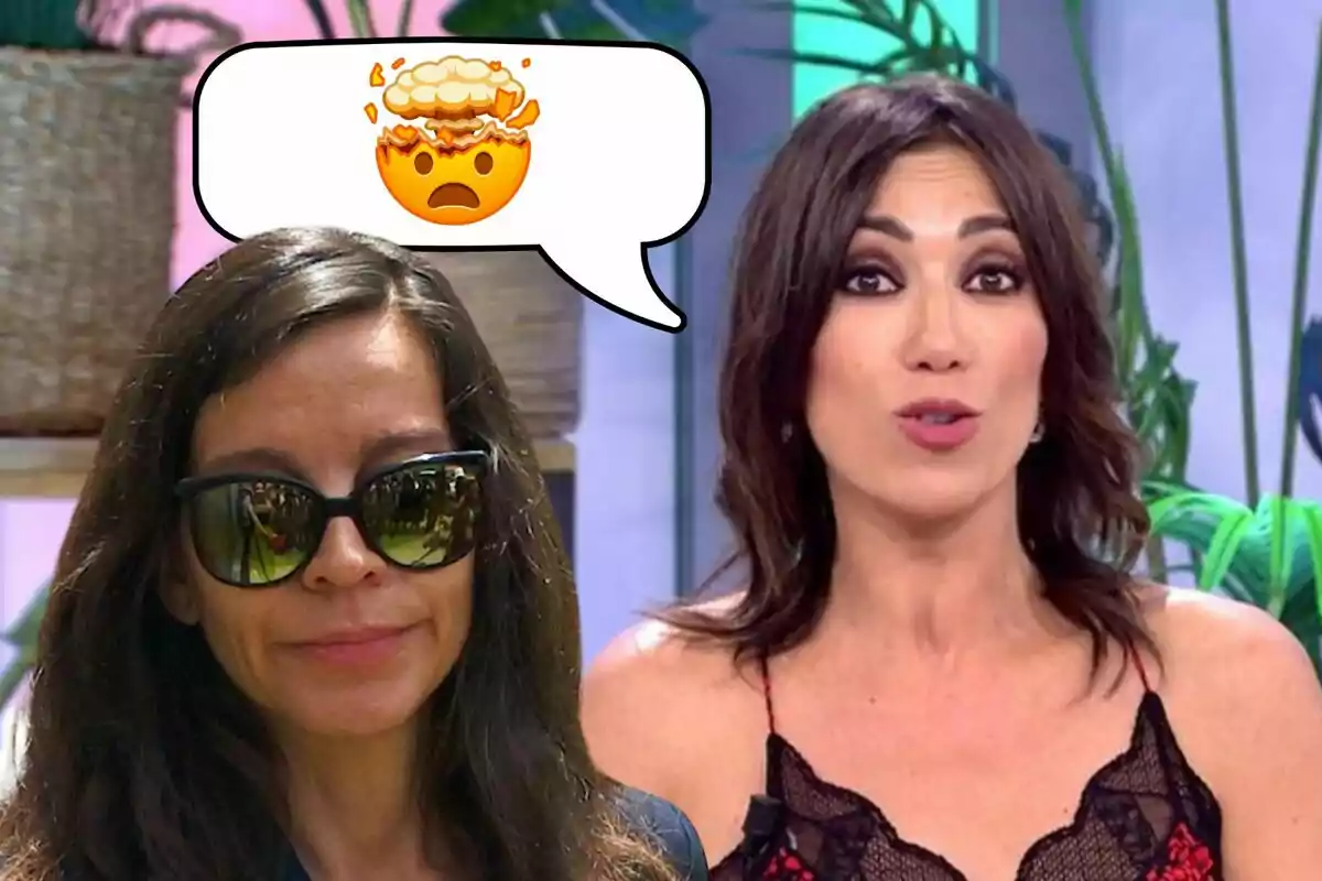 Silvia Bronchalo y Patricia Pardo, una con gafas de sol y otra hablando, con un emoji de cabeza explotando en un globo de diálogo.