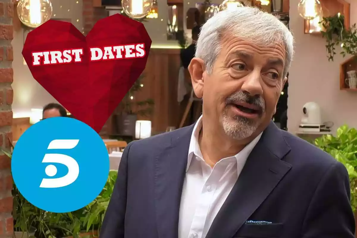 Montaje de Carlos Sobera con el logo de First Dates y el de Telecinco