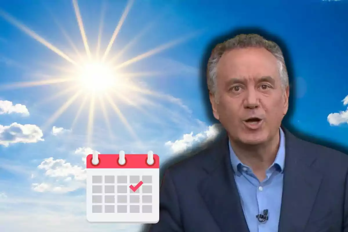 Hombre hablando con fondo de cielo soleado y un calendario con marca de verificación.