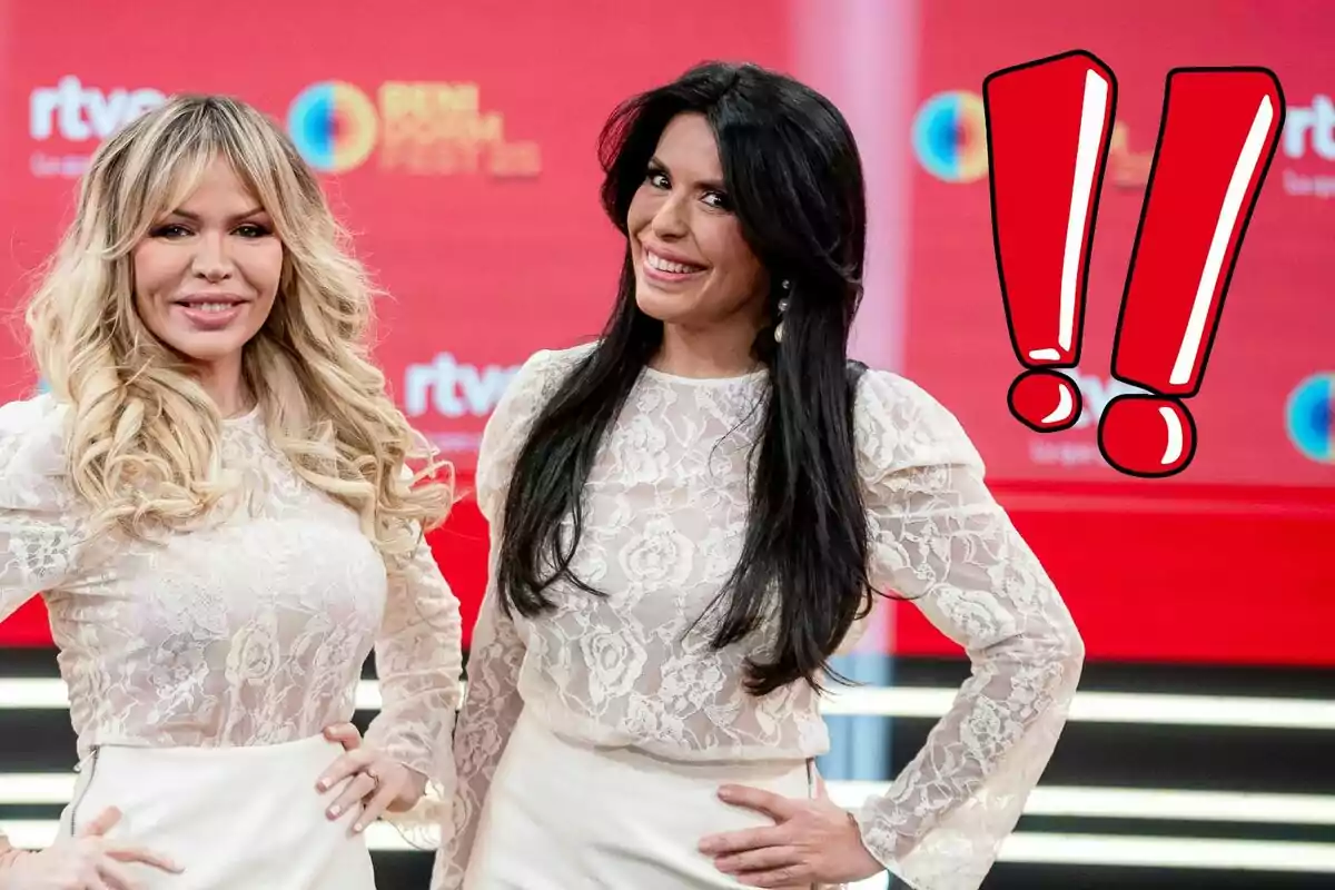 Sonia and Selena pose smiling in front of a red background with logos, both wearing white lace blouses, and there is a graphic of red exclamation marks on the right.