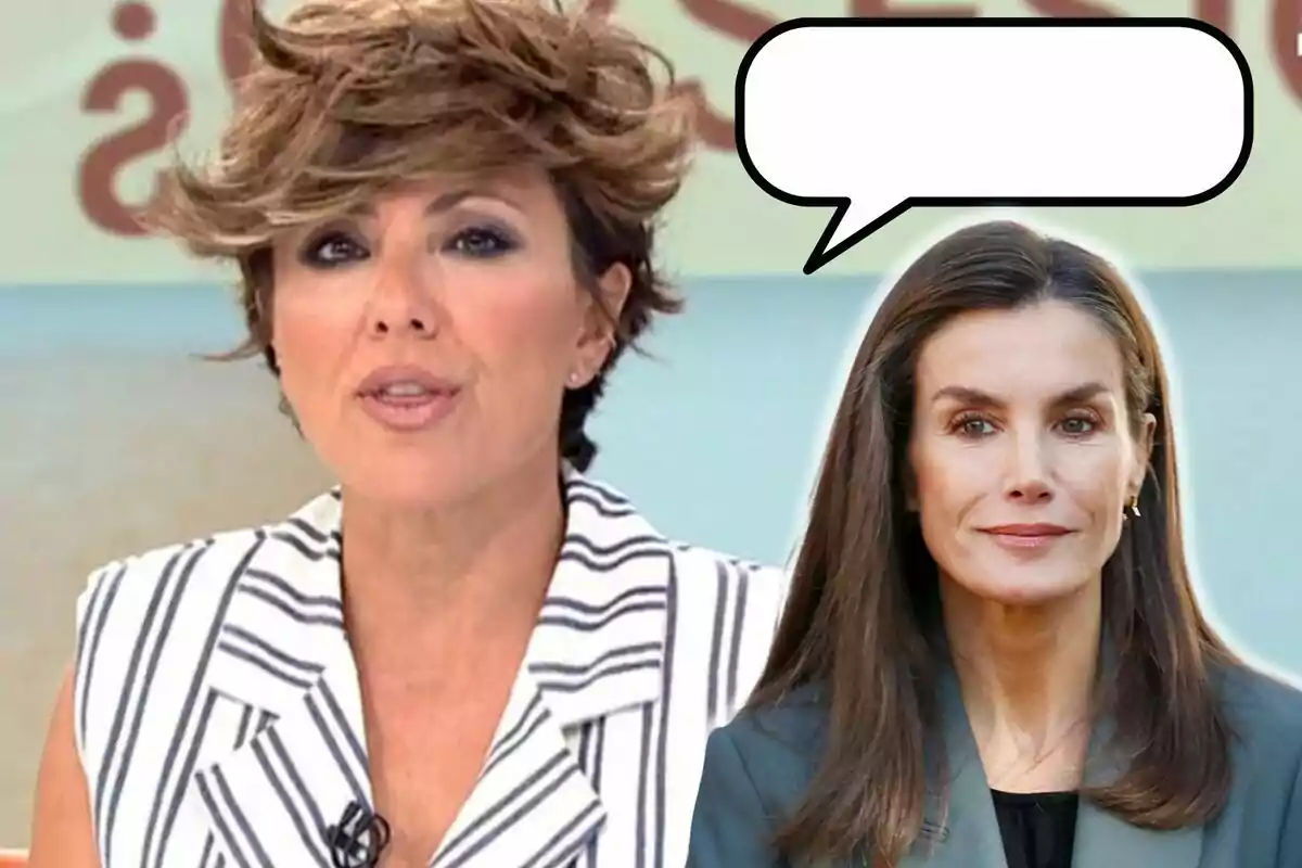 Sonsoles Ónega y la reina Letizia aparecen en la imagen, una con cabello corto y otra con cabello largo, con un globo de diálogo vacío sobre la segunda.