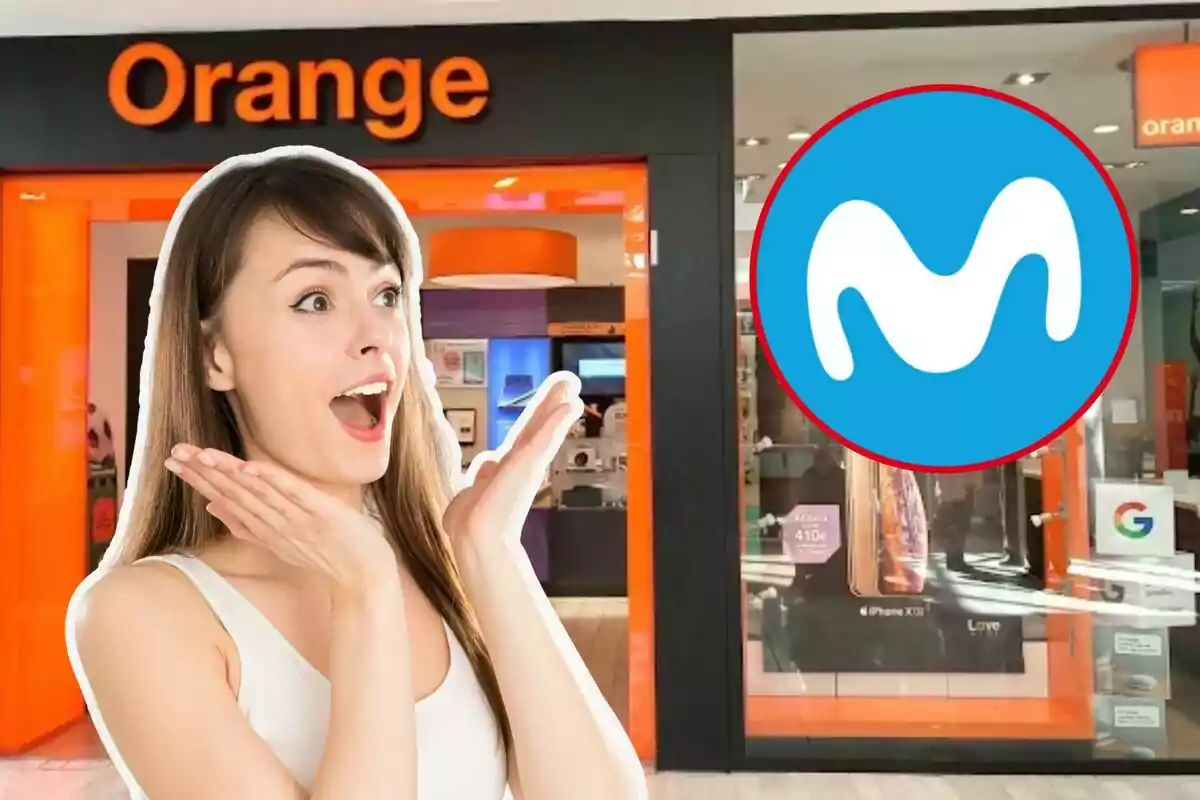 Una mujer sorprendida frente a una tienda de Orange con el logo de Movistar superpuesto.