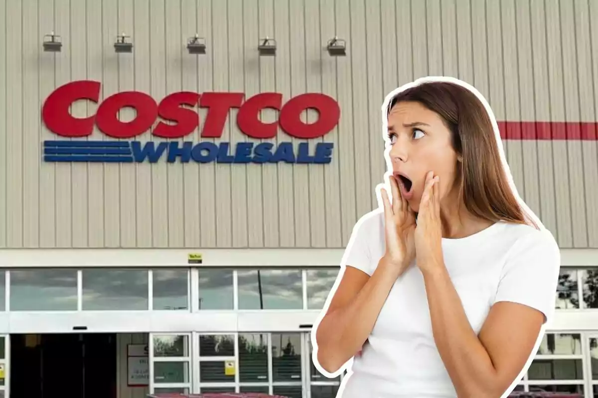 A woman with a surprised expression in front of a Costco store entrance.