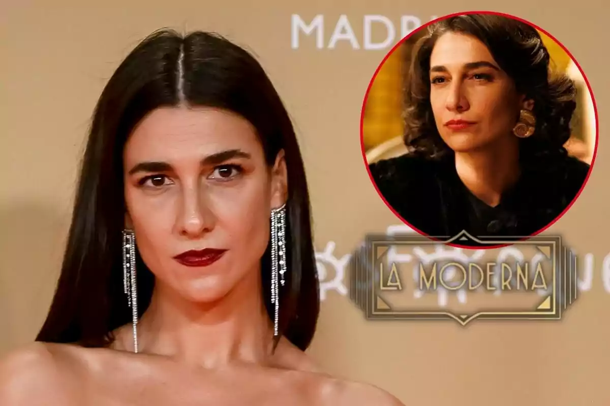 Stephanie Magnin con cabello largo y oscuro usando pendientes largos y maquillaje elegante, con un recuadro que muestra una escena de un personaje en un entorno retro y el texto "La Moderna".