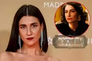 Stephanie Magnin con cabello largo y oscuro usando pendientes largos y maquillaje elegante, con un recuadro que muestra una escena de un personaje en un entorno retro y el texto 