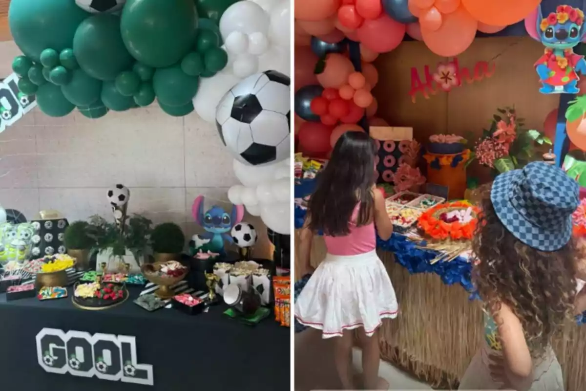 Two decorated party tables, one with a soccer theme and the other with a Hawaiian theme, both with balloons and sweets, and two girls looking at the Hawaiian table. Two decorated party tables, one with a soccer theme and the other with a Hawaiian theme, both with balloons and sweets, and two girls looking at the Hawaiian table.